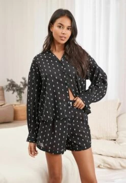 Next Embroidered Button Through Standard - Pyjama - Black